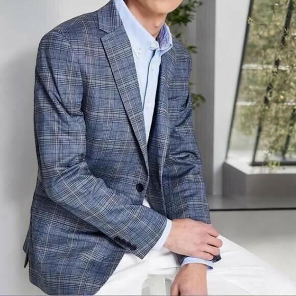 BAR III Men's Blue Tan Slim Fit Plaid Blazer Sportcoat Jacket Size 46L NWT